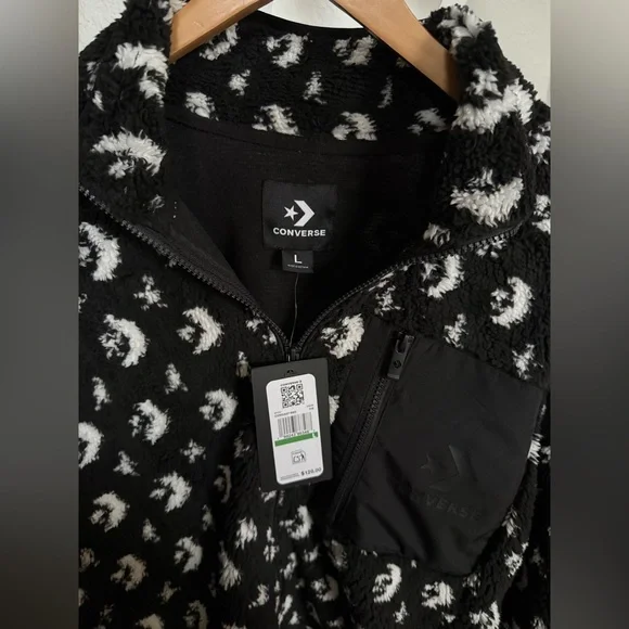 🖤🤍Converse Black and White Patterned Fleece Teddy Full Zip Jacket NWT Size Large - Picture 5 of 12